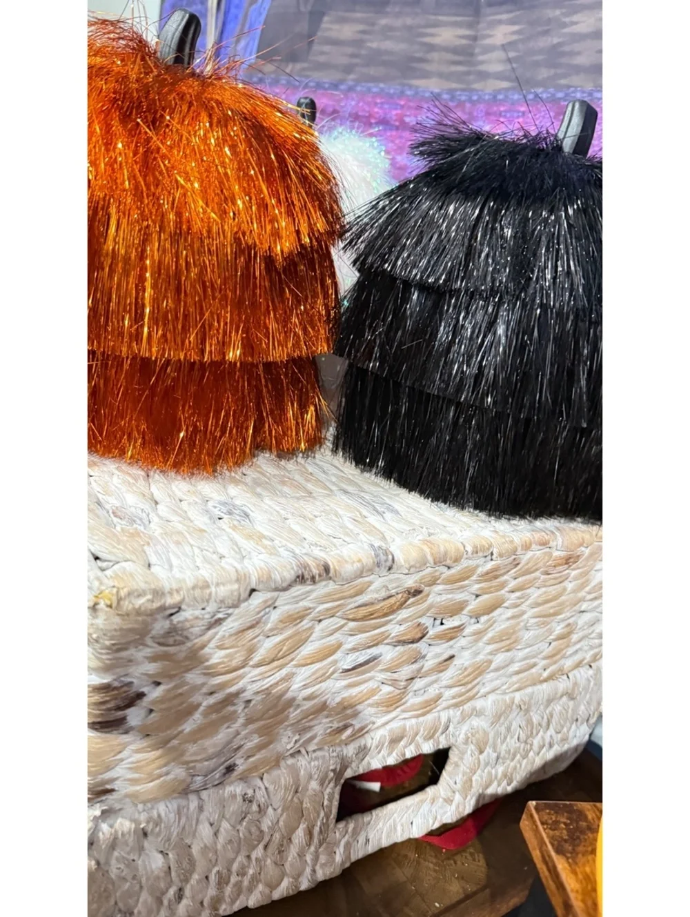 Fringe Tinsel Pumpkin Decor lot of 3 Orange, Black and Iridescent Hyde and Eek